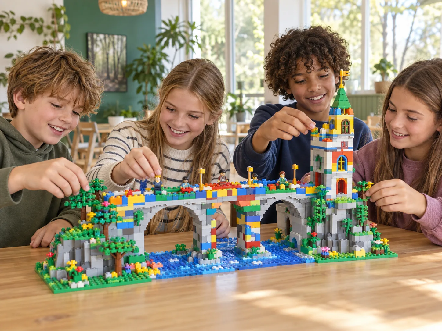 Kinderen bouwen samen een kleurrijke brug van bouwsteentjes tijdens Brick Masters