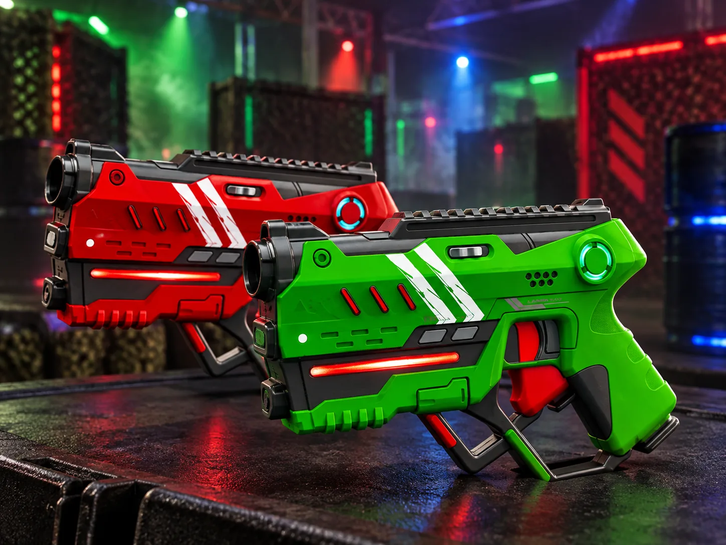 Rode en groene laserguns in een sfeervolle lasergame-arena