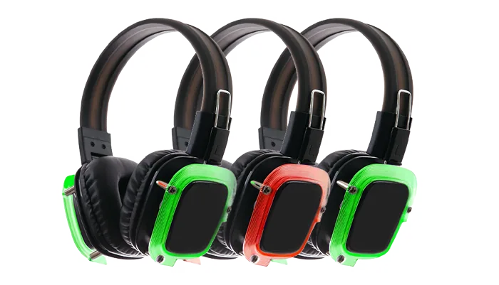 Silent-disco-koptelefoons in verschillende kanaalkleuren